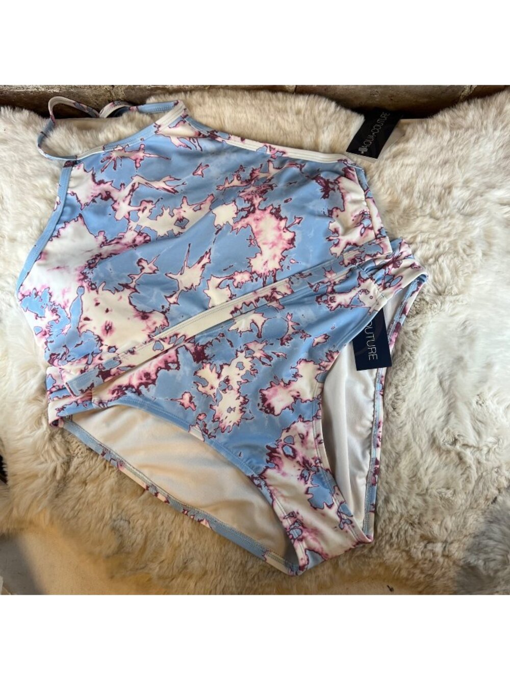 NWT Aqua Couture Bikini Blue & White Abstract Print Top Sz L Bottoms Sz XL